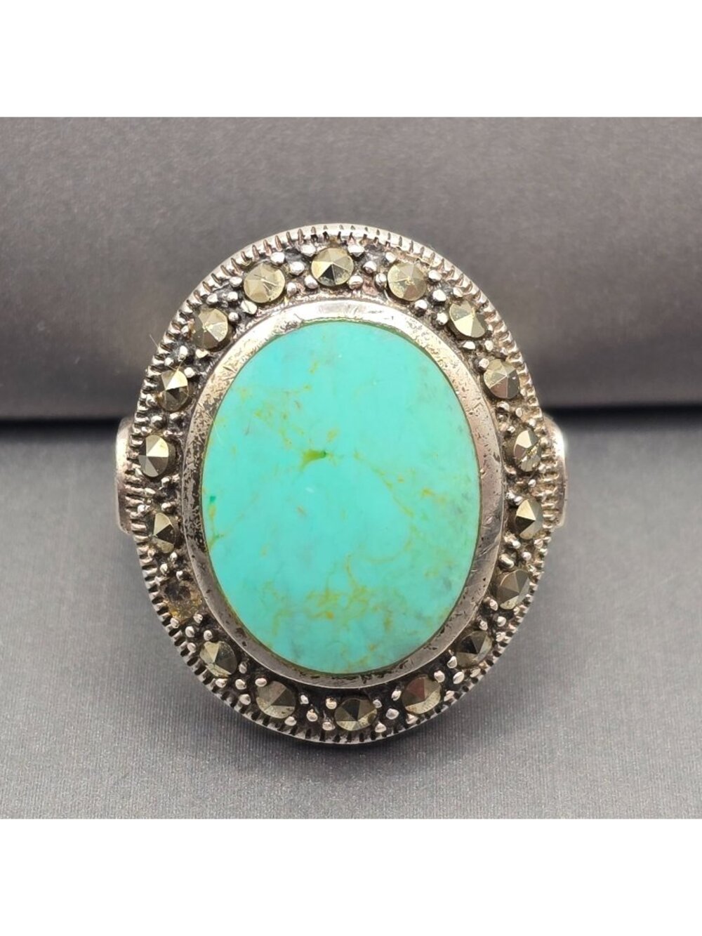 Vintage Sterling Silver Turquoise Marcasite Ring Size 6.5 Victorian Revival